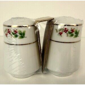 Vintage Holly Berry Ceramic Salt & Pepper Shakers with Gold Trim, New Old Stock